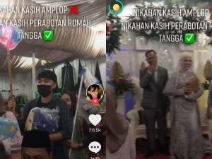Cekricek.id - Viral pernikahan unik, sepsang pengantin dapat kado sekumpulan perabot rumah tangga lengkap mulai dari lemari hingga gayung.
