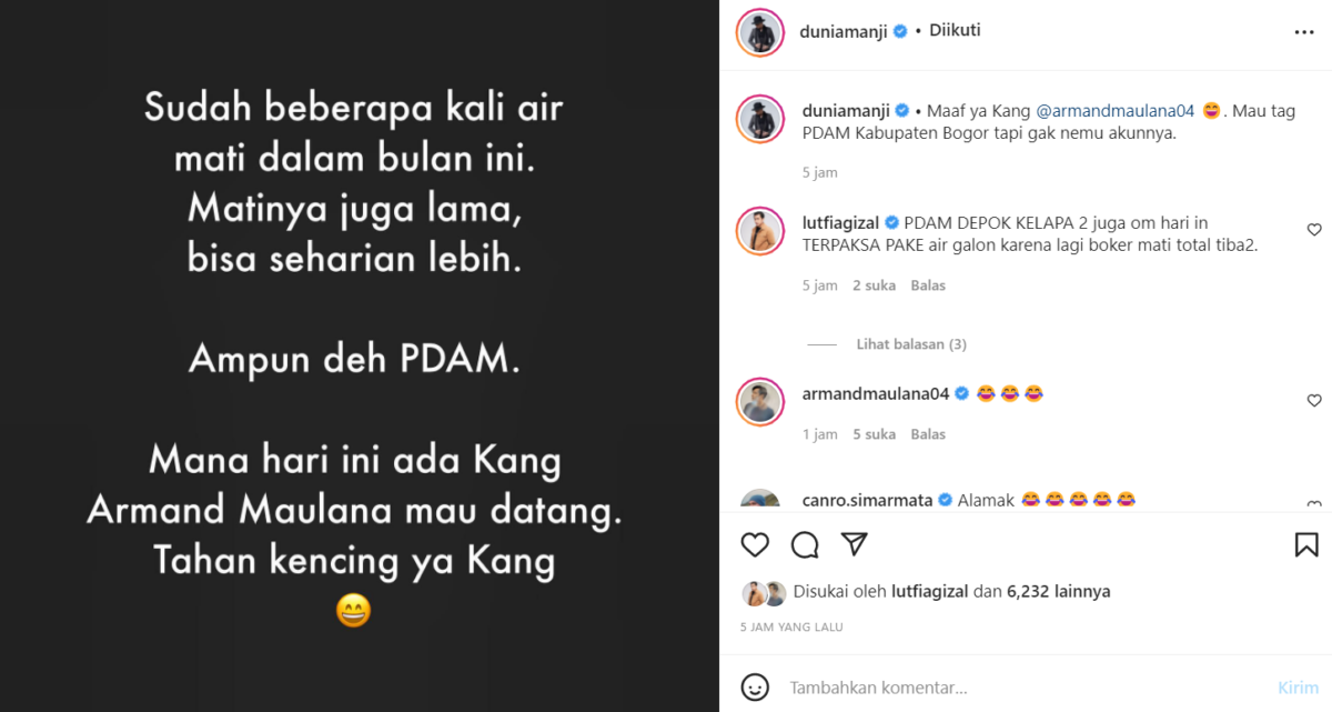 Berita artis: Anji Manji keluhkan air PDAM yang sering mati mendadak hingga seharian, akibatnya berbagai aktivitas jadi terhambat.