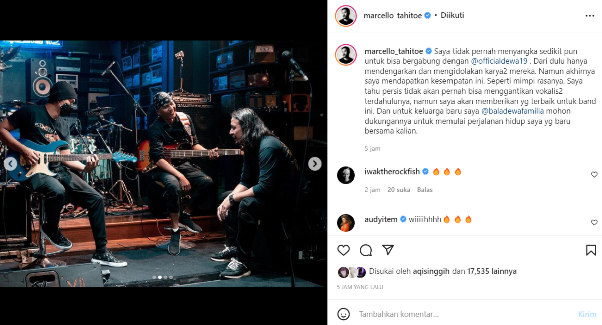 Info musik: Ello resmi menjadi vokalis band DEWA 19. Hal itu disampaikan Ello lewat akun Instagram pribadinya, Senin (28/02/2022)