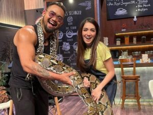 Berita artis: Angel Karamoy mengunggah foto dirinya bersama dengan Audrey. Dalam potret itu mereka tampak memegang ular sanca besar.