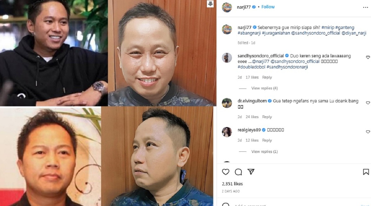 Berita artis: Narji Cagur membuat pertanyaan di laman Instagramnya, ia bertanya apakah mirip Doni Salmanan atau Sandhy Sandoro