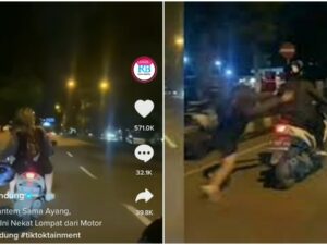 Berita terkini: viral sebuah video yang memperlihatkan seorang perempuan nekat melompat di atas sepeda motor yang sedang melaju.