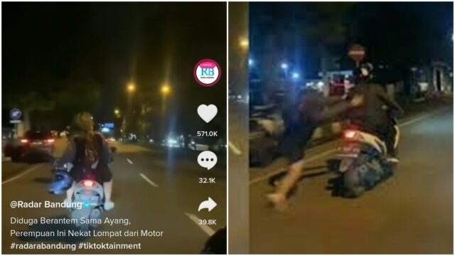 Berita terkini: viral sebuah video yang memperlihatkan seorang perempuan nekat melompat di atas sepeda motor yang sedang melaju.