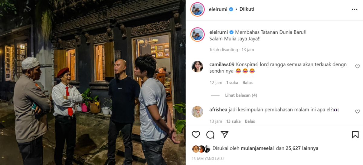 Berita artis: El Rumi bagikan potret Ahmad Dhani yang sedang diskusi dengan Lord Rangga terkait membahas tatanan dunia baru.