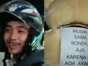 Gak punya ayang, pemuda ini mudik sama boneka. [Foto/Tangkapan Layar Yotube]
