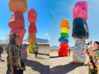 Berita artis: Luna Maya bagikan potret dirinya ketika menguji tempat yang pernah didatangi RM BTS di Las Vegas yaitu Seven Magic Mountains.