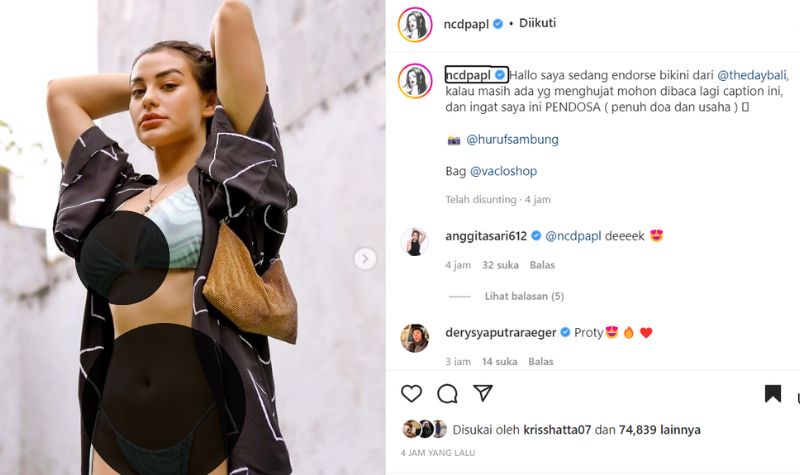 Saat mengunggah sebuah foto mengenakan bikini terbuka, Nora Alexandra mengaku jika dirinya merupakan pendosa pada netizen.