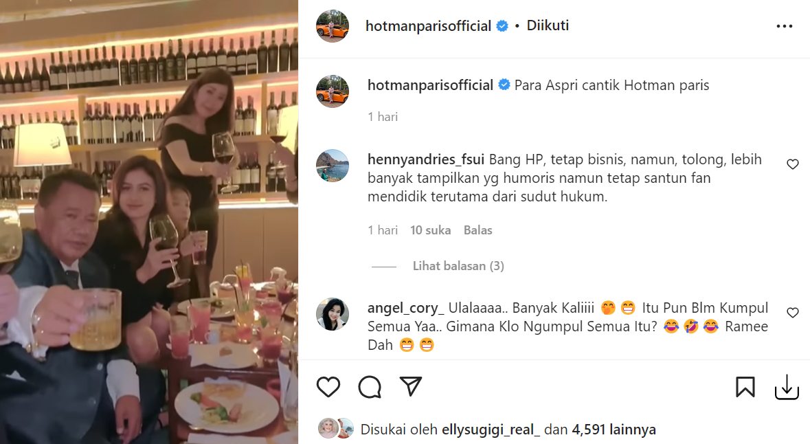 Berita artis: Seperti surga dunia, Hotman Paris yang asik berpesta dengan deretan wanita cantik disebut netizen sebagai obat awet muda.
