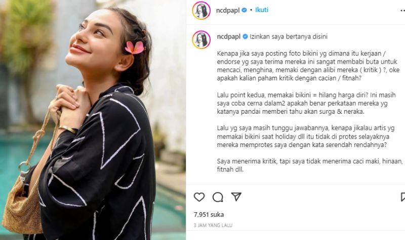 Nora Alexandra tuliskan curhatan dan pertanyaan bagi netizen terutama haters yang selalu memberi cacian jika dirinya berfoto seksi.