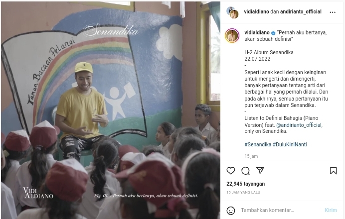 Album terbaru Vidi Aldiano akan dirilis Jumat, 22 Juli besok. Pada unggahan terbarunya, Vidi menyertakan tiga lagu dari album tersebut.