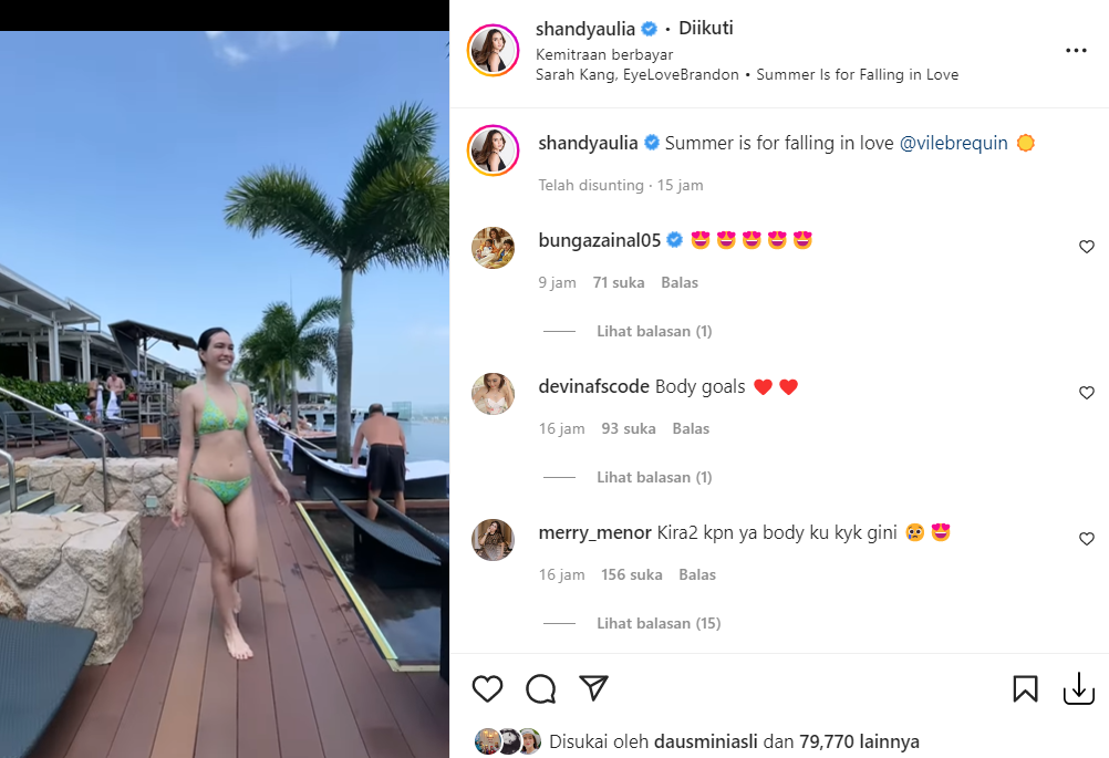 Netizen dibuat iri oleh penampilan aktris cantik Shandy Aulia. Pasalnya Ia terlihat mengenakan bikini yang dipuji serasi dengan badan rampingnya.