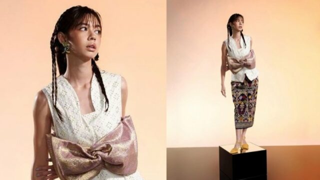 Yuki Kato berhasil tampil cantik berpakaian dari kain tenun yang dirancang dengan gaya modern. Dia sampai disebut mirip action figur.