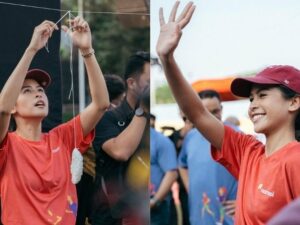 Maudy Ayunda sangat bersemangat mengikuti lomba balap karung hingga makan kerupuk, penampilannya masih terlihat seperti anak SMA.