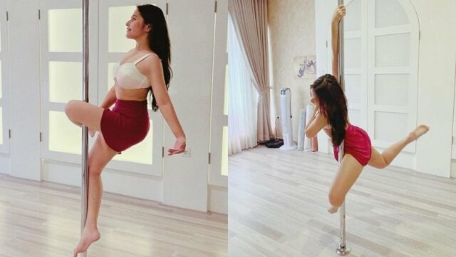 Prilly Latuconsina tampak bersemangat latihan pole dance. Dia tampil seksi dengan baju terbuka yang menampakkan bagian perutnya.