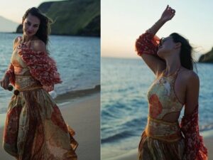 Luna Maya terlihat begitu cantik saat berjalan-jalan di tepi pantai tanpa alas kaki, serta gaun menerawang yang diterbangkan sepoian angin.