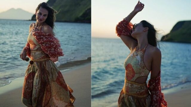 Luna Maya terlihat begitu cantik saat berjalan-jalan di tepi pantai tanpa alas kaki, serta gaun menerawang yang diterbangkan sepoian angin.