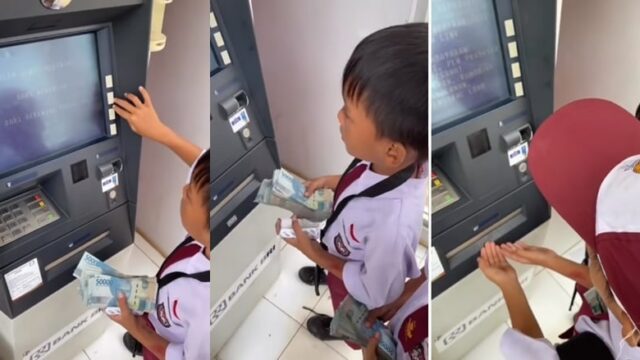 Viral video yang mempelihatkan dua orang anak berseragam Sekolah Dasar (SD) tengah mengambil segepok uang jutaan rupiah di ATM.