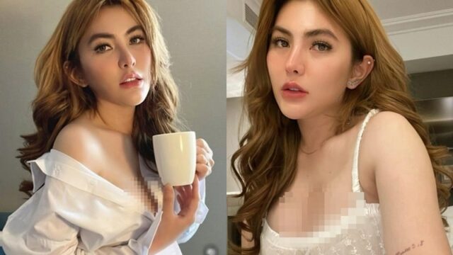 Angela Lee tampil seksi dan menggoda dengan balutan kemeja putih yang memperlihatkan secara jelas belahan dadanya.