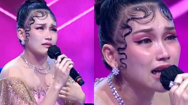 Ayu Ting Ting tak kuasa menahan tangisnya saat menyanyikan lagu bertajuk Bunga Pengantin yang dipopulerkan oleh Rita Sugiarto.