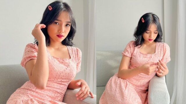 Terbiasa berpakaian kasual dan tomboi, Fuji terlihat begitu feminin dengan penampilan terbarunya. Katanya sedang menunggu seseorang.