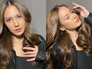 Pevita Pearce berhasil tampil modis dengan setelan jaket kulit yang berpadu dengan rambut panjang yang berwarna coklat dan bergelombang.
