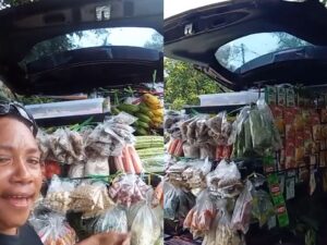 Wanita asal Papua ini menggunakan mobil fortuner untuk menjajakan barang dagangannya berupa sayur mayur keliling kampug.