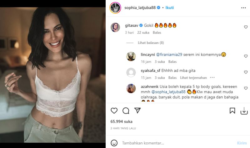 Cekricek.id, Berita Artis dan Berita Seleb - Netizen dibuat heboh ketika melihat Gitasav memuji body goals yang dimiliki oleh Sophia Latjuba.
