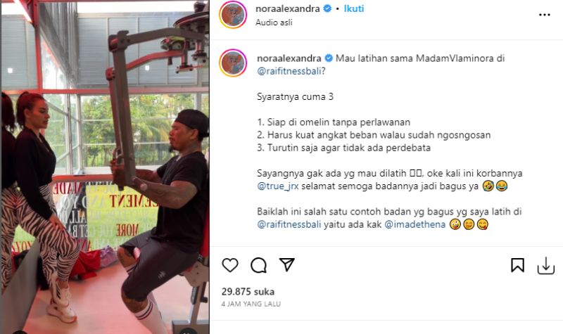 Cekricek.id, Berita Artis dan Berita Seleb - Model dan penyanyi cantik Nora Alexandra membagikan syarat mudah jika ingin nge-gym bersamanya