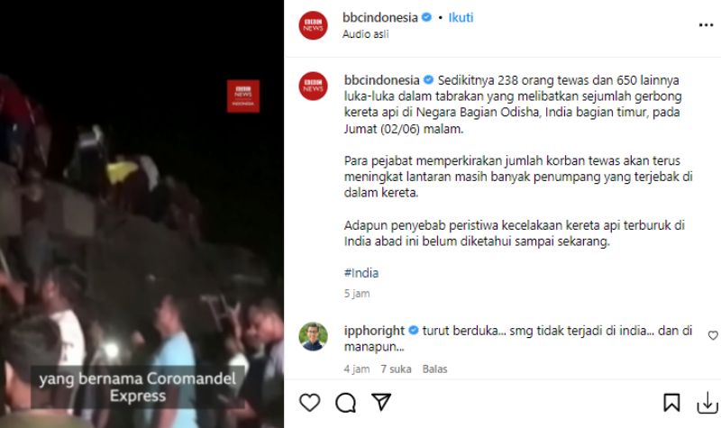 Cekricek.id, Berta Viral - Kembali terjadi sebuah tragedi mengerikan yaitu tabrakan kereta di India, korbannya mencapai ratusan orang