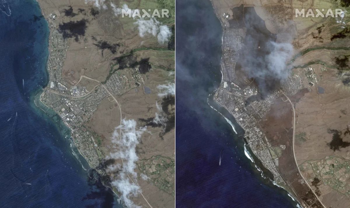 Citra Satelit Sebelum dan Sesudah Kebakaran Maui, Hawaii