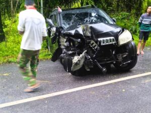 Mobil Dinas Camat Sungaipua Tabrak Tiang Listrik di Siguhung