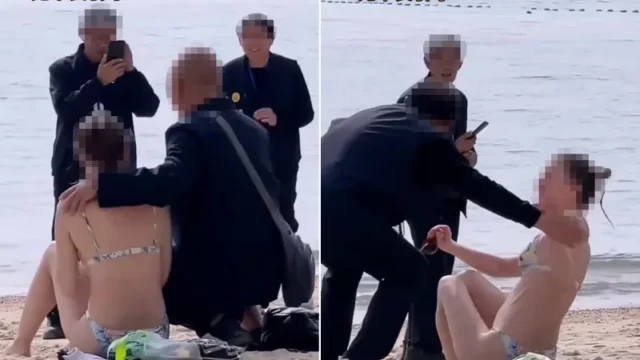 3 Pria Tua Paksa Wanita Berbikini Foto Bareng di Pantai, Netizen Geram