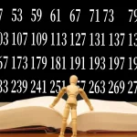 Ilustrasi visualisasi bilangan prima dalam bentuk grid numerik dengan latar belakang biru gelap menampilkan pola matematika kompleks