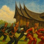Ilustrasi penari kreasi Minangkabau menampilkan gerakan tradisional dengan kostum khas.