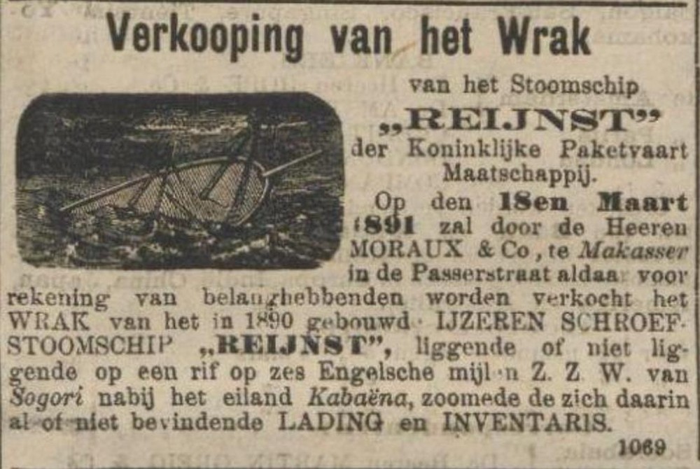 Guntingan iklan lelang berbahasa Belanda berjudul Verkooping van het Wrak van het Stoomschip Reijnst