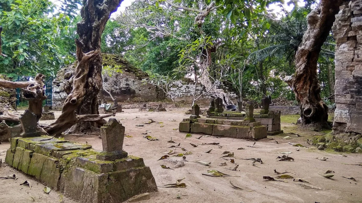 Deretan nisan batu di antara akar pohon di kompleks Makam Ratu Mas Malang