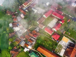 Pemandangan udara perkampungan beratap merah yang tertutup kabut tipis