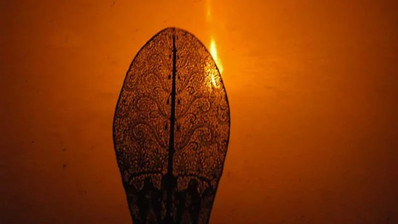Siluet gunungan wayang kulit di depan layar yang disinari lampu