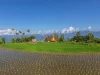 Hamparan sawah dengan bangunan beratap gonjong dan perbukitan di latar belakang, Kabupaten Agam