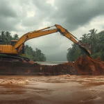 Ilustrasi ekskavator memperbaiki tanggul sungai yang jebol dengan air keruh pascabanjir