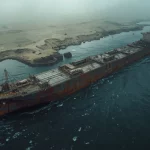 Ilustrasi kapal tanker karam miring di dekat pulau berbatu dengan lapisan minyak menyebar di laut