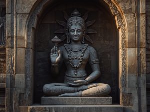 Ilustrasi arca batu dewa matahari di relung dinding candi