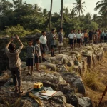 Ilustrasi warga dan pelajar berseragam berkumpul di dinding benteng batu kuno, seorang di antaranya mengangkat telepon genggam untuk memotret batu bertakik, dengan tripod alat ukur di dekatnya
