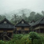 Ilustrasi rumah panggung beratap ijuk di kampung adat Banten dengan hutan berkabut di latar.
