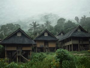 Ilustrasi rumah panggung beratap ijuk di kampung adat Banten dengan hutan berkabut di latar.