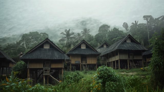 Ilustrasi rumah panggung beratap ijuk di kampung adat Banten dengan hutan berkabut di latar.