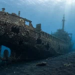 Ilustrasi bangkai kapal besi tua tergeletak di dasar laut berpasir gelap dengan lambung tertutup terumbu karang, lubang-lubang robekan pada dinding, kemudi dan baling-baling di buritan, serta seorang penyelam di kejauhan