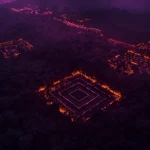 Ilustrasi pemindaian laser udara memperlihatkan bangunan tanah berbentuk persegi dan jalan lurus bercahaya jingga di bawah kanopi hutan hujan gelap