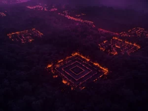 Ilustrasi pemindaian laser udara memperlihatkan bangunan tanah berbentuk persegi dan jalan lurus bercahaya jingga di bawah kanopi hutan hujan gelap