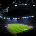 Ilustrasi suasana stadion sepak bola pada malam hari